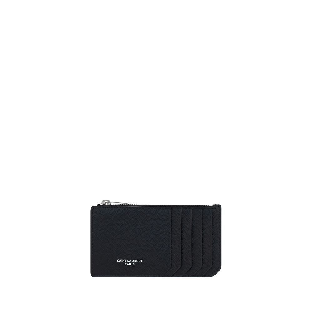 Saint Laurent Portacarte Nero in Pelle di Vitello con Zip