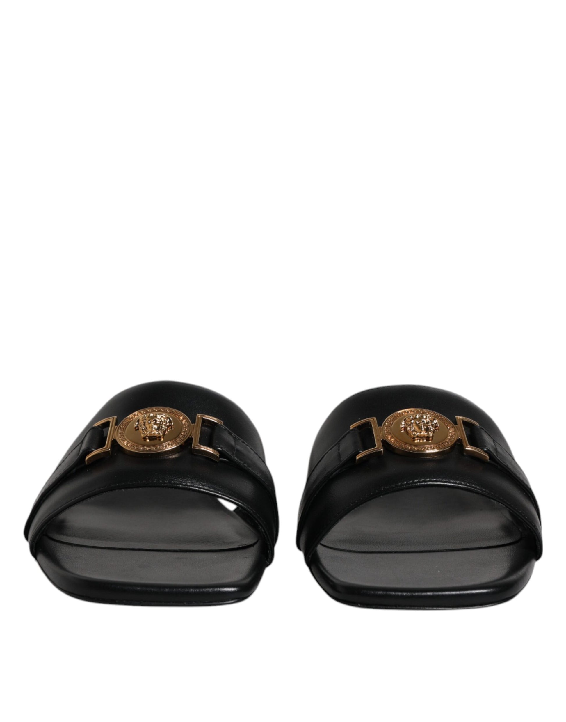 Sandali Slide Versace in Pelle Nera, Tacco Alto, Placca Logo Gold