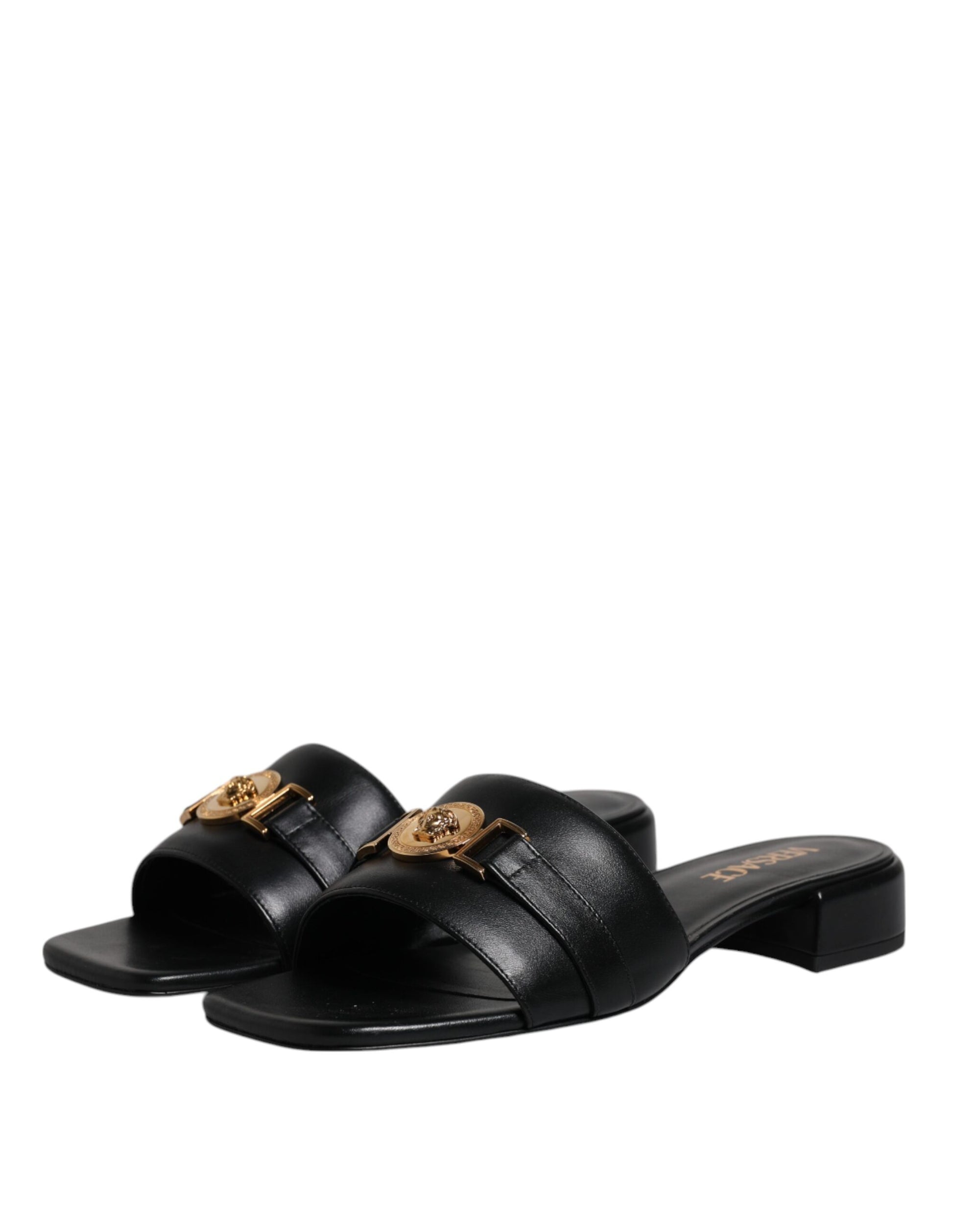 Sandali Slide Versace in Pelle Nera, Tacco Alto, Placca Logo Gold