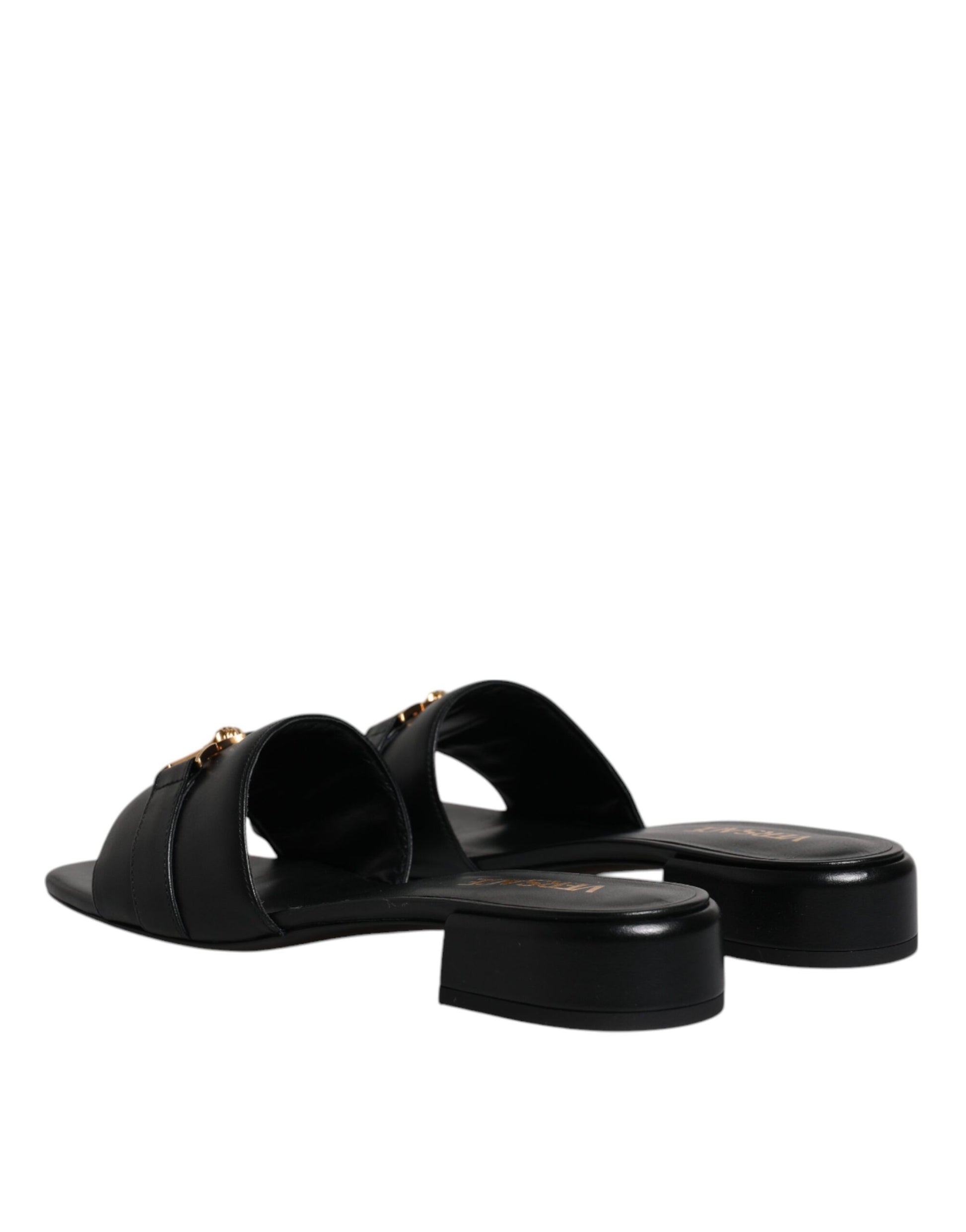 Sandali Slide Versace in Pelle Nera, Tacco Alto, Placca Logo Gold