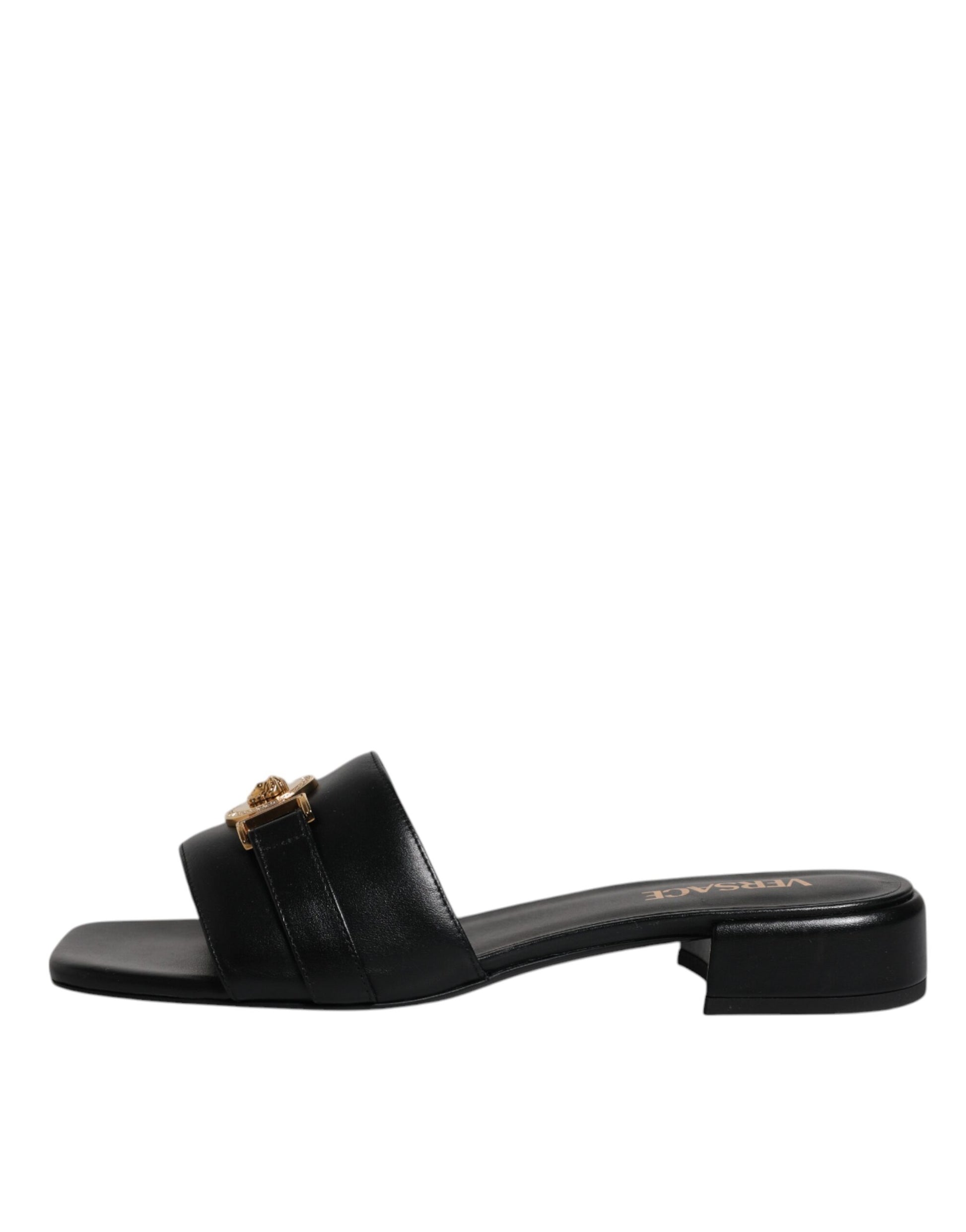 Sandali Slide Versace in Pelle Nera, Tacco Alto, Placca Logo Gold