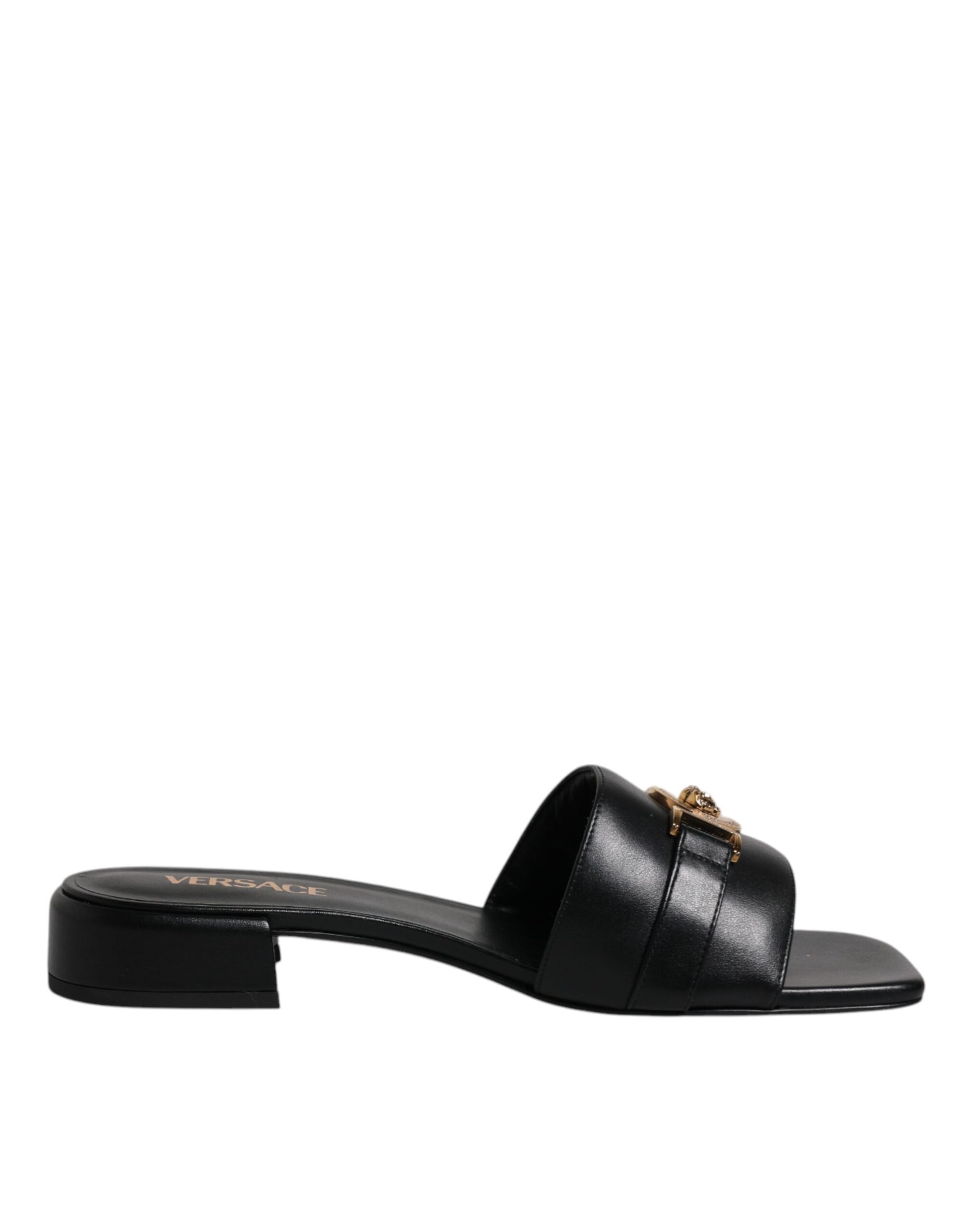 Sandali Slide Versace in Pelle Nera, Tacco Alto, Placca Logo Gold