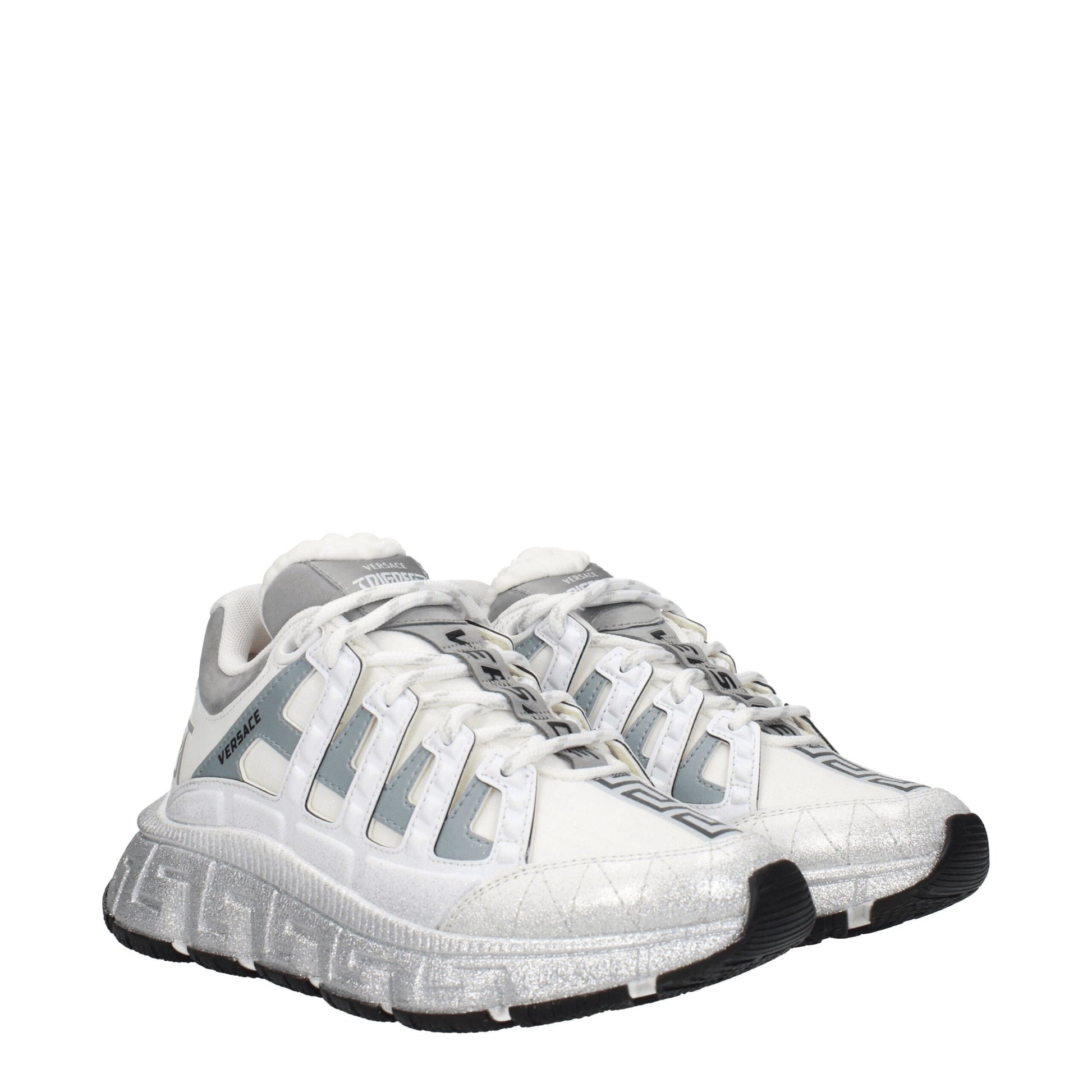 Sneakers Athletic Versace in Tessuto Bianco Greca e Dettagli Argento