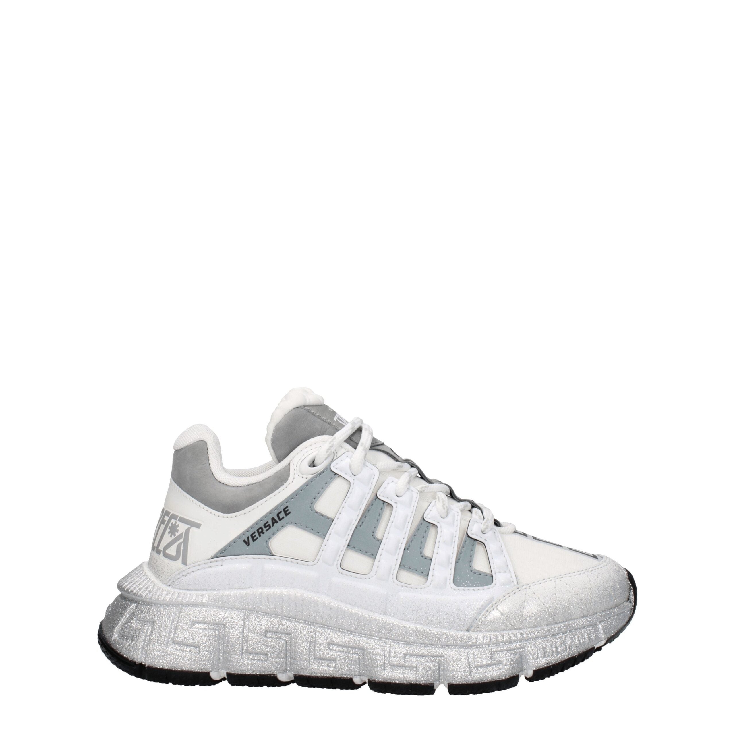 Sneakers Athletic Versace in Tessuto Bianco Greca e Dettagli Argento