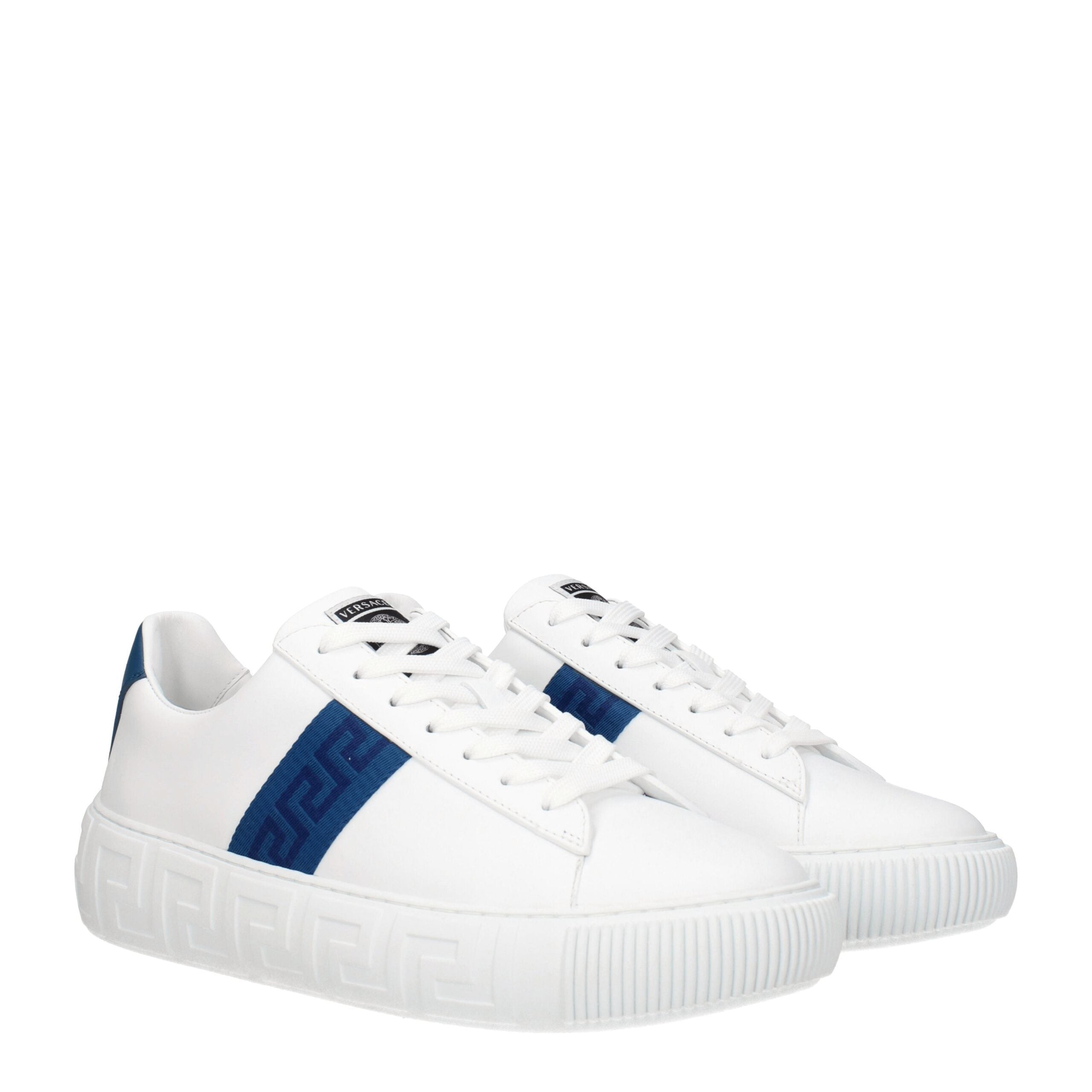 Sneakers Low Top Versace in Pelle Bianca, Dettaglio Blu Scuro