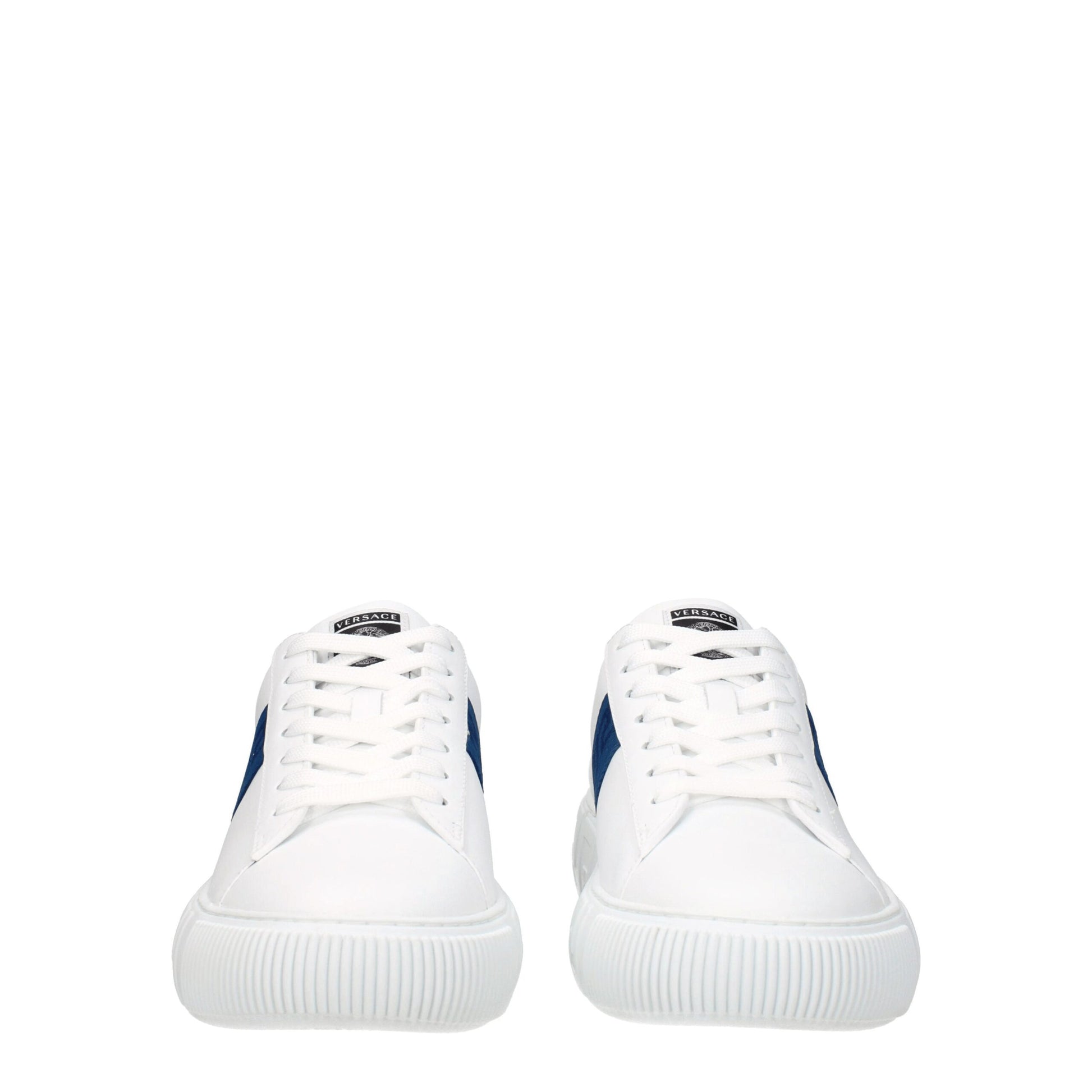 Sneakers Low Top Versace in Pelle Bianca, Dettaglio Blu Scuro