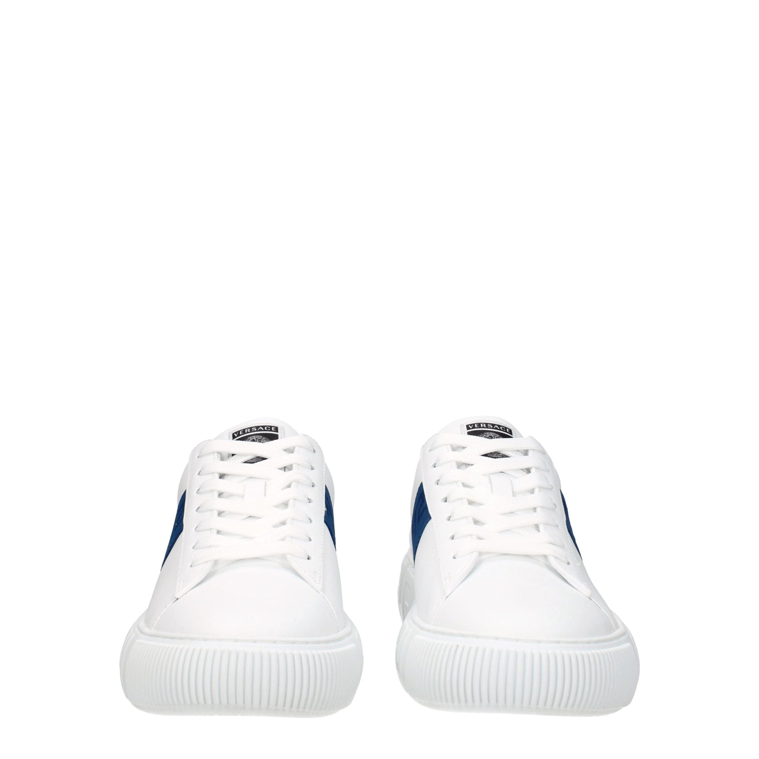 Sneakers Low Top Versace in Pelle Bianca, Dettaglio Blu Scuro