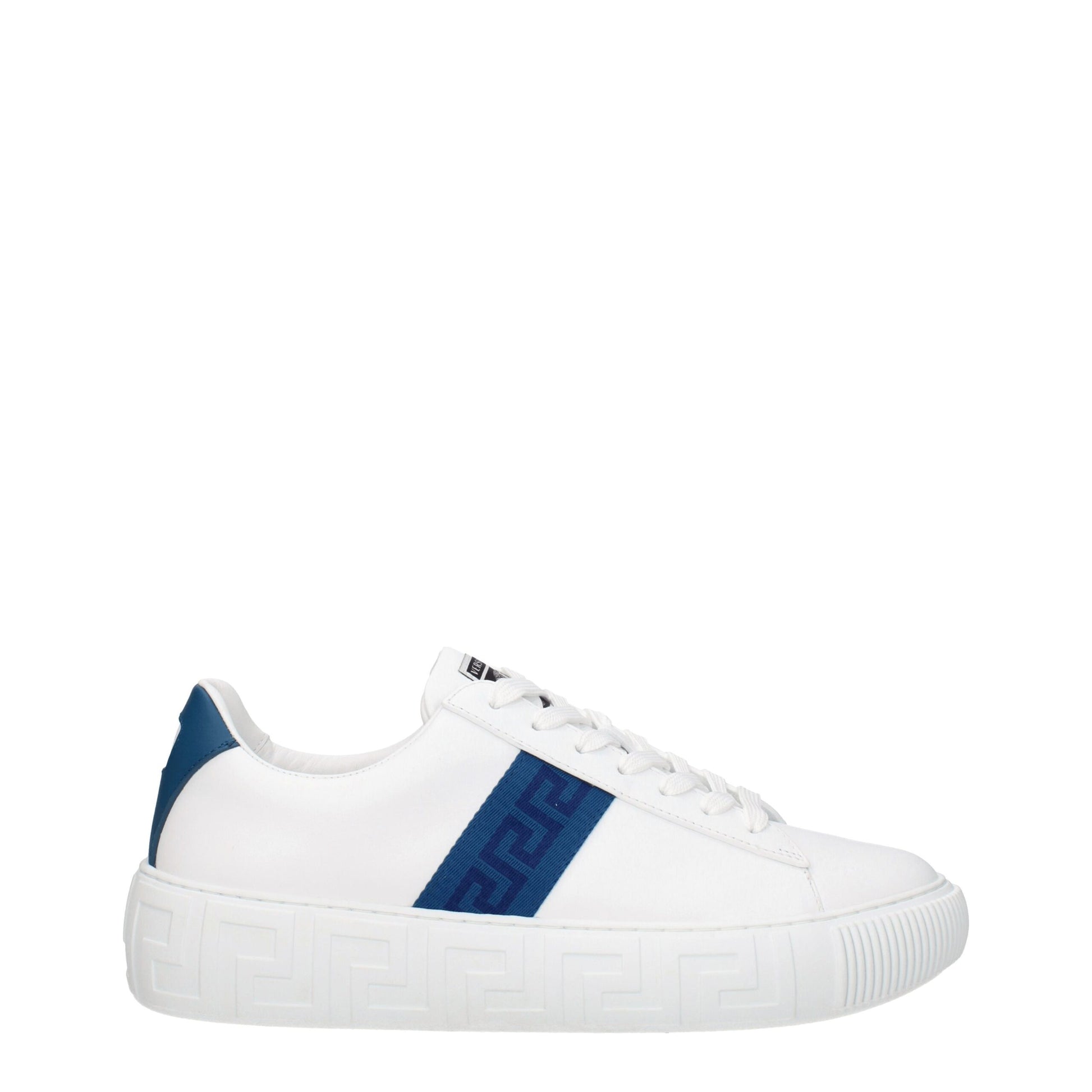 Sneakers Low Top Versace in Pelle Bianca, Dettaglio Blu Scuro