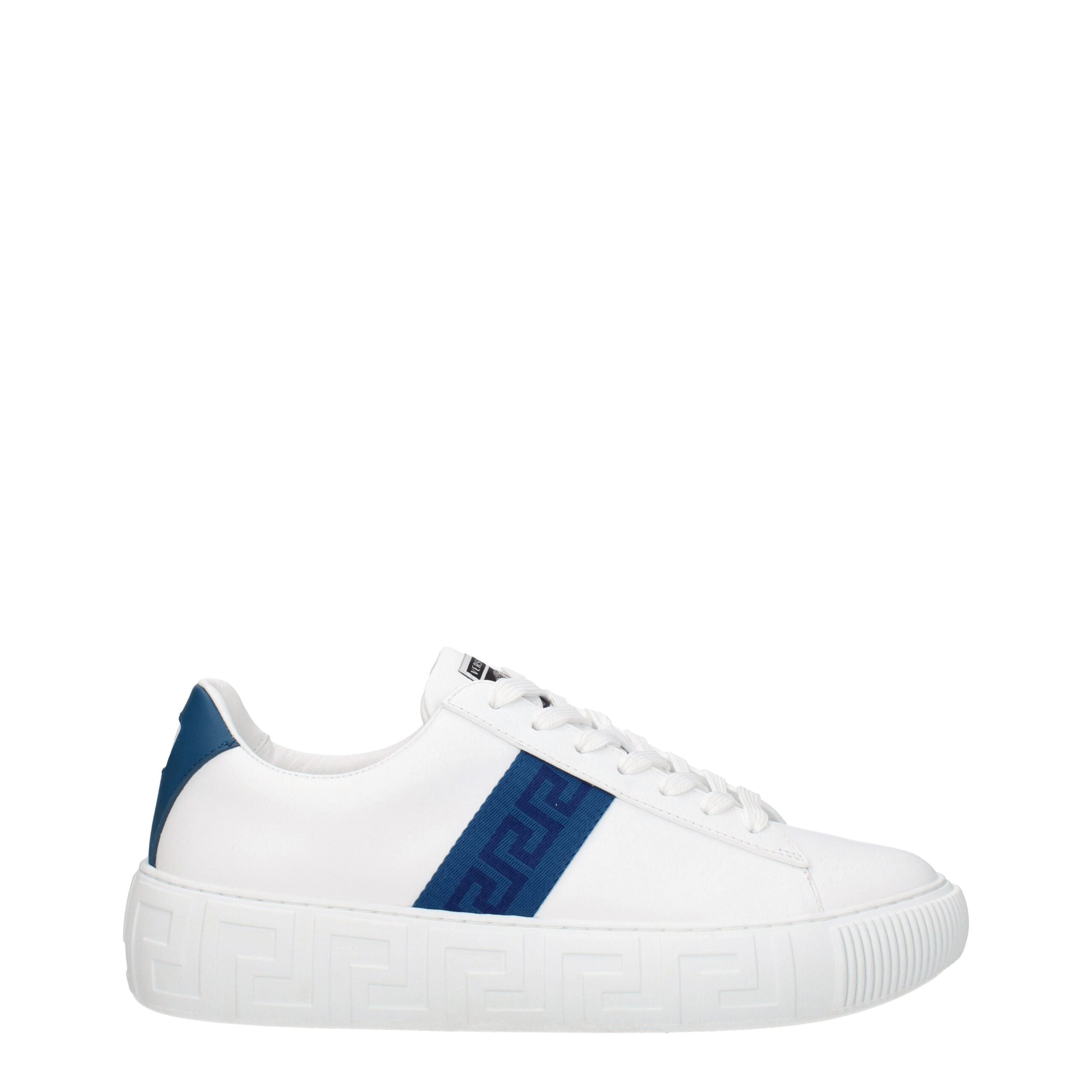 Sneakers Low Top Versace in Pelle Bianca, Dettaglio Blu Scuro