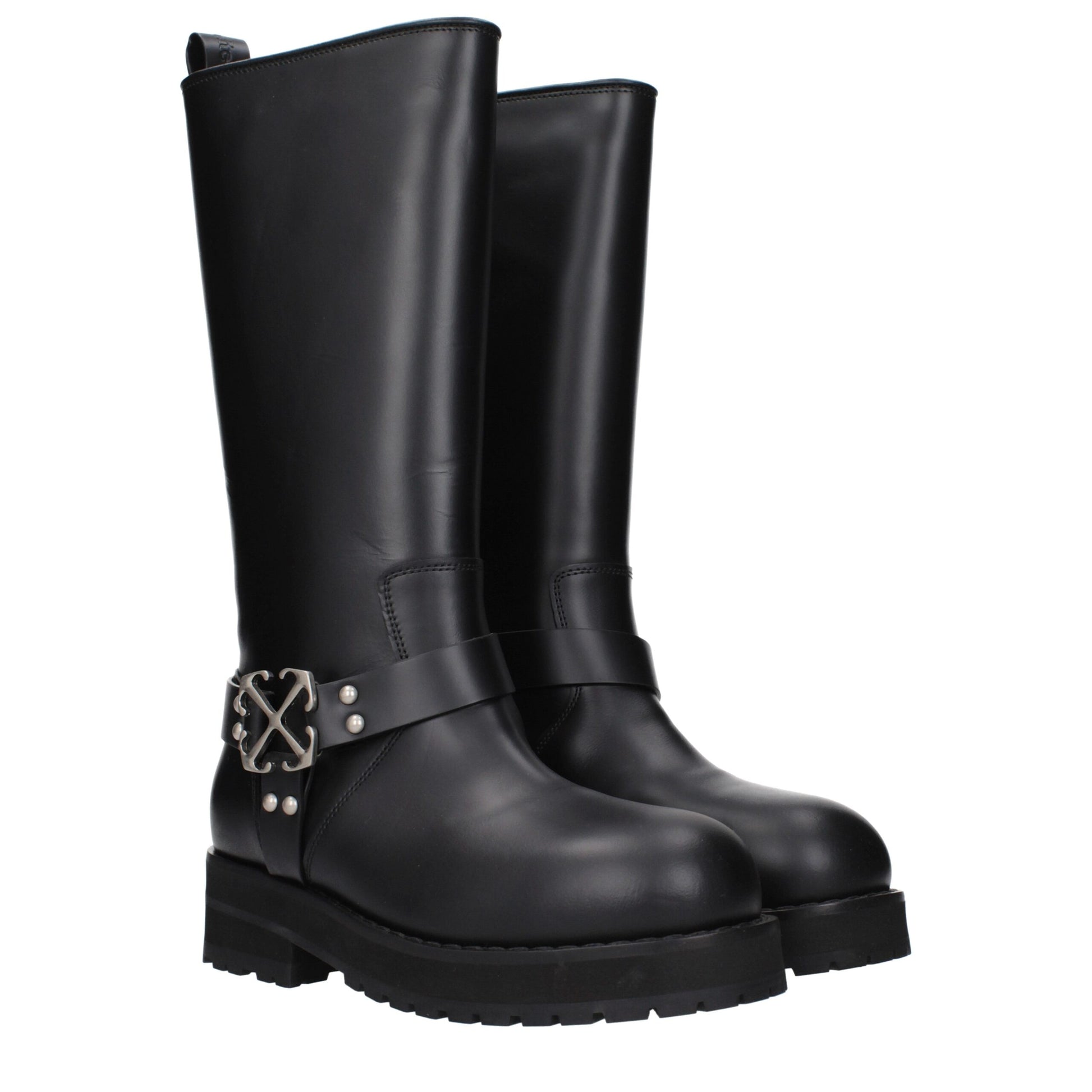 Stivali Flat Off-White in Pelle Nera con Logo Laterale
