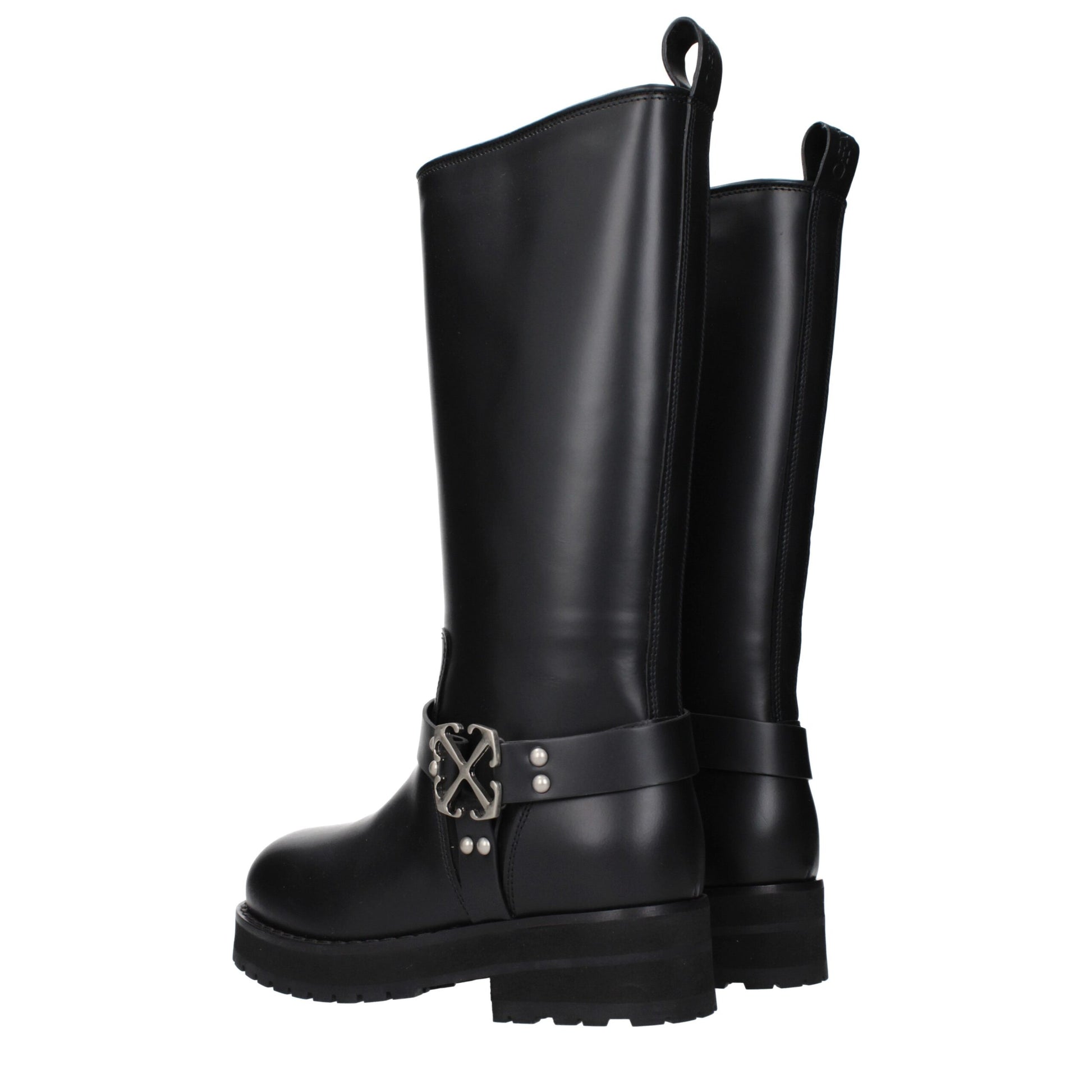Stivali Flat Off-White in Pelle Nera con Logo Laterale