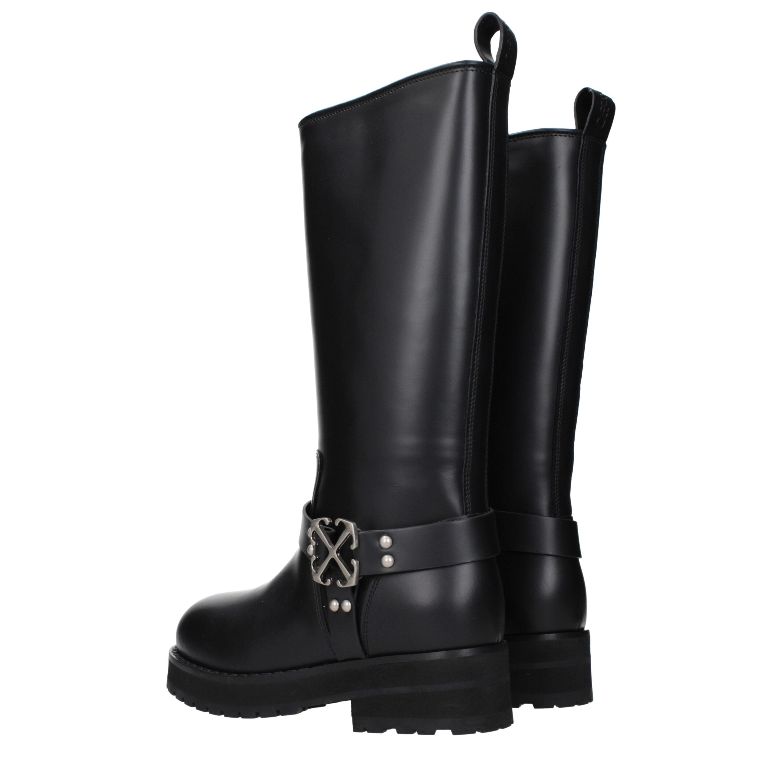 Stivali Flat Off-White in Pelle Nera con Logo Laterale