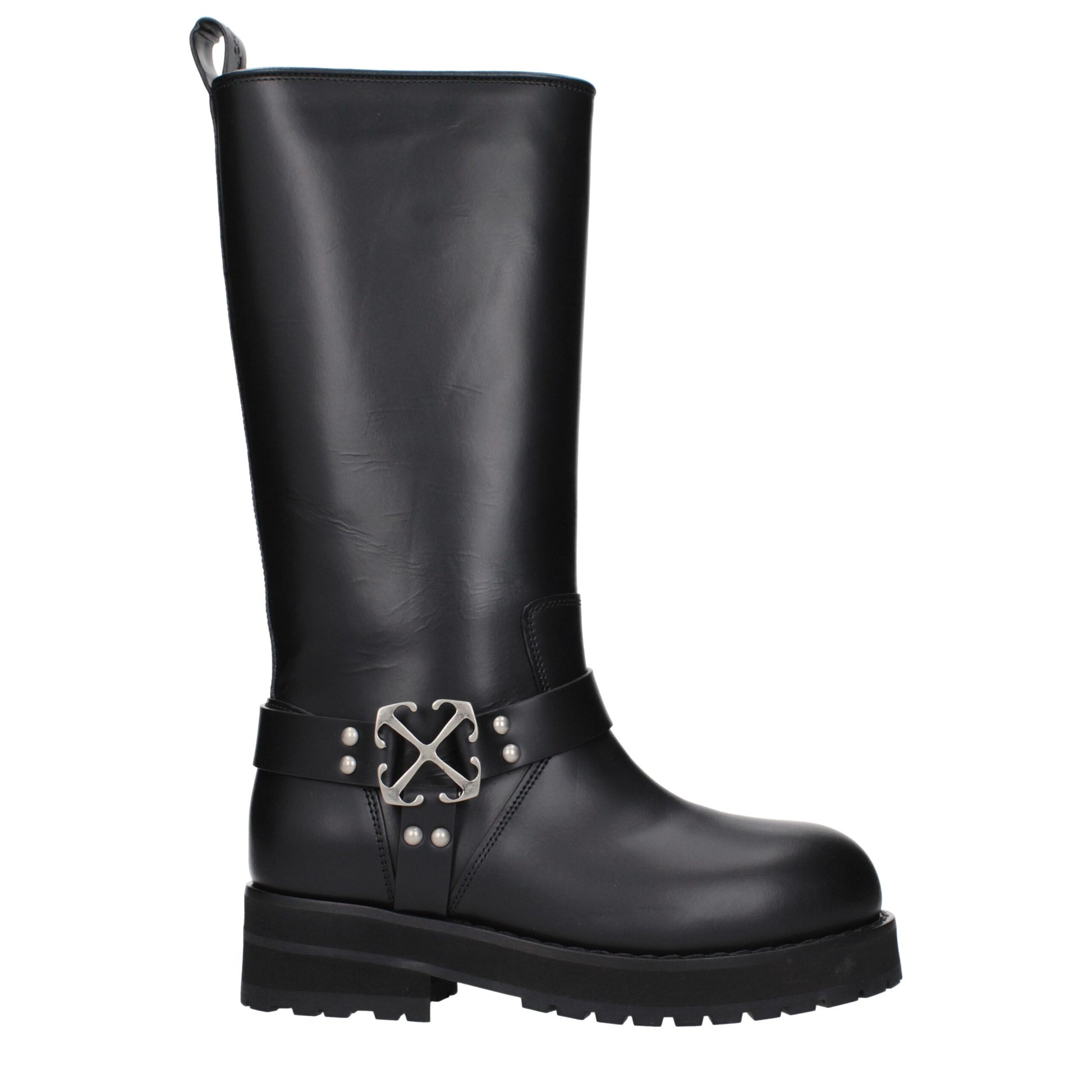 Stivali Flat Off-White in Pelle Nera con Logo Laterale