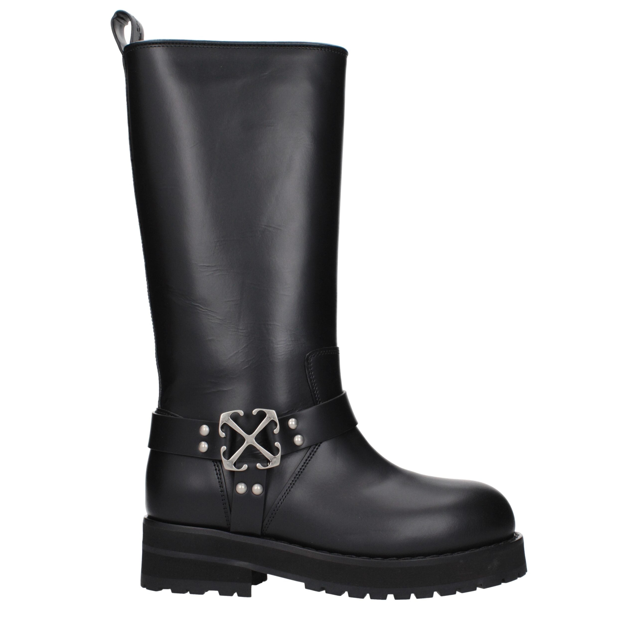 Stivali Flat Off-White in Pelle Nera con Logo Laterale