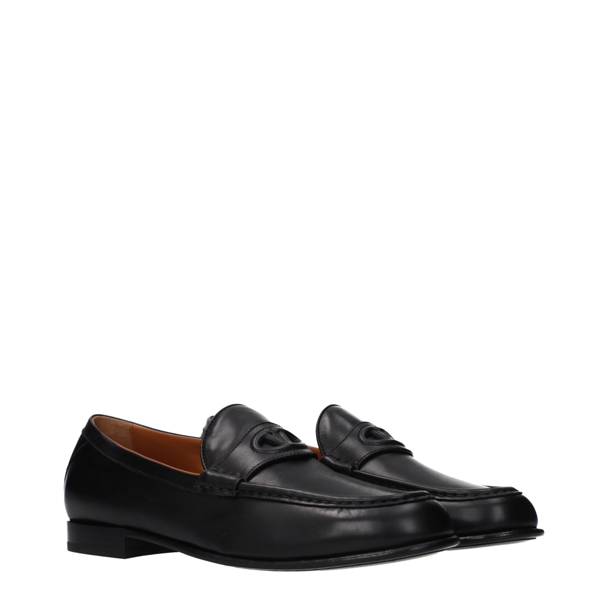Valentino Garavani Black Leather Slip-On Loafers (Front Logo)