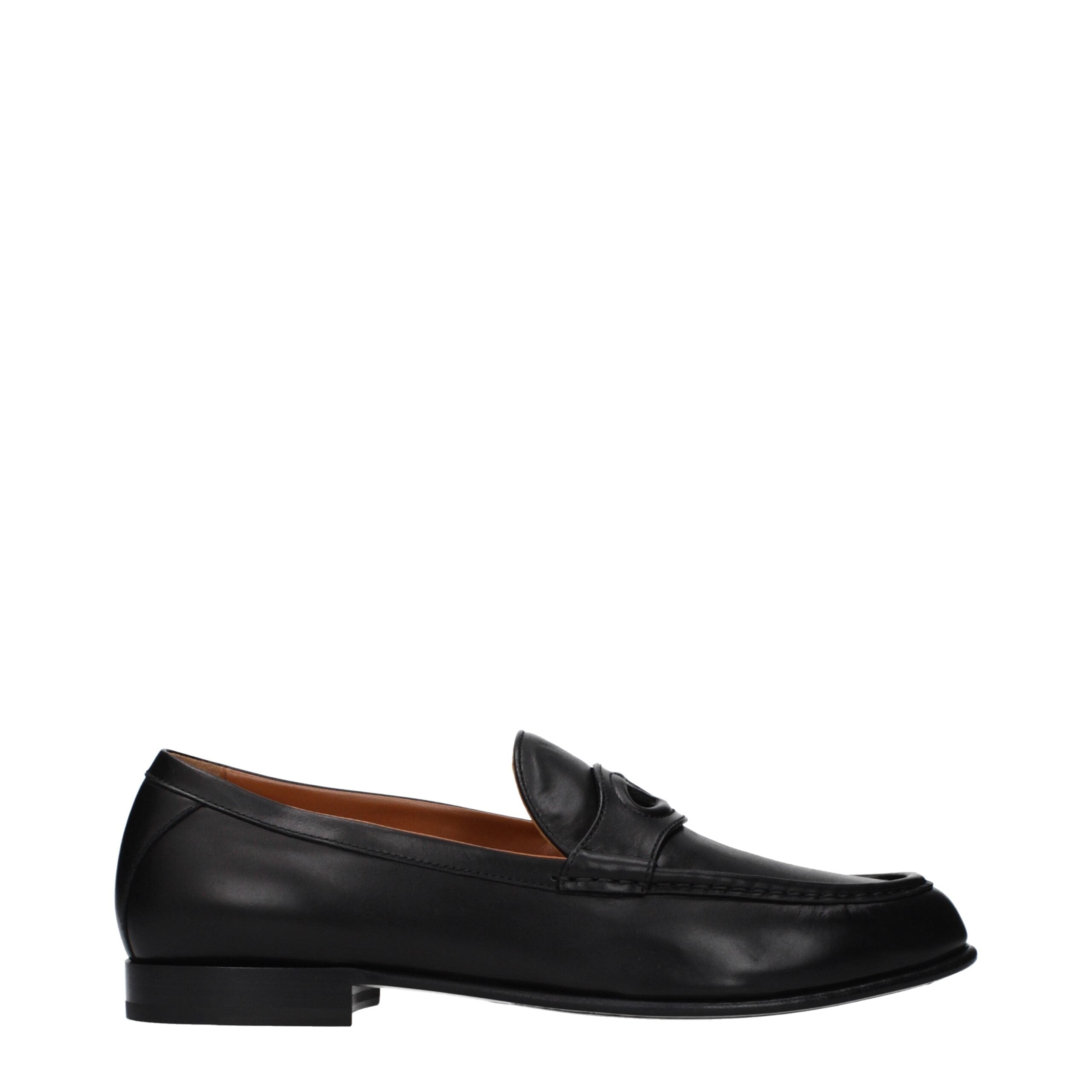Valentino Garavani Black Leather Slip-On Loafers (Front Logo)