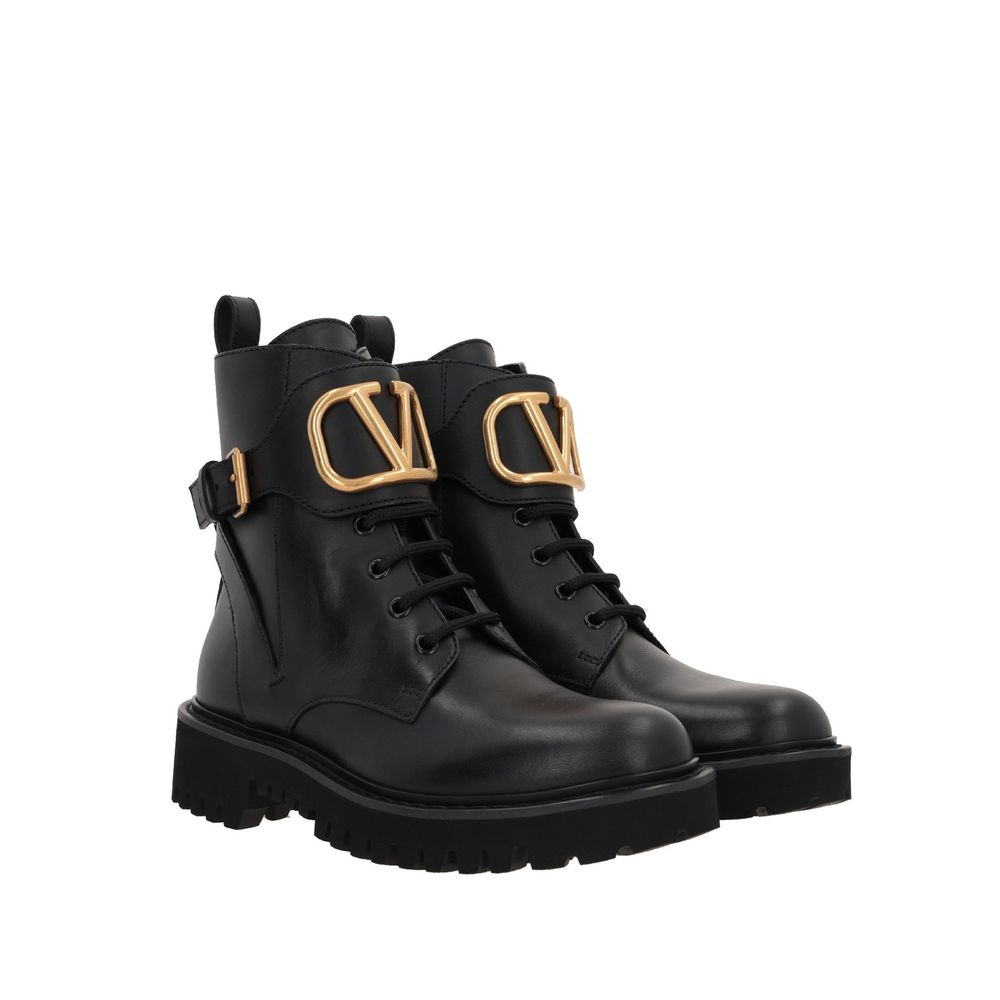 Valentino Garavani Stivaletti Stringati Neri in Pelle VLogo Donna
