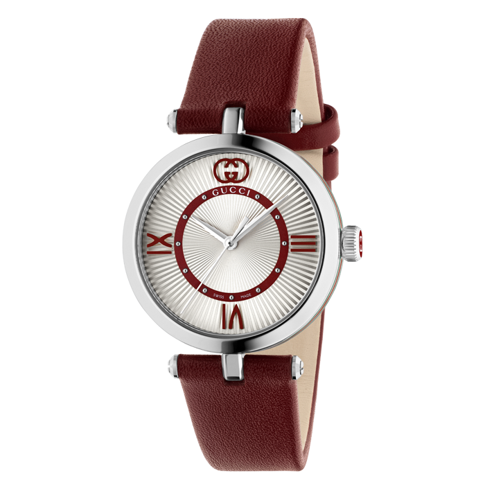 Gucci Watch Model 2000 YA167508 Red Leather Silver Guilloché Dial