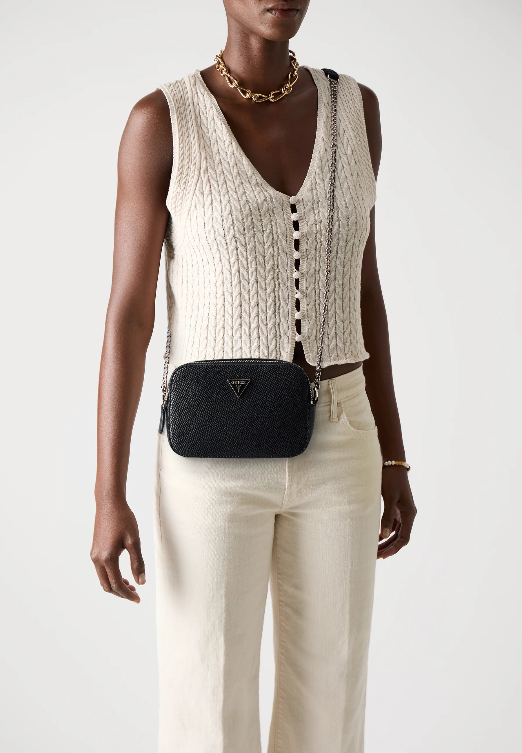 Guess Noelle Camera Crossbody Bag in Black Polyurethane